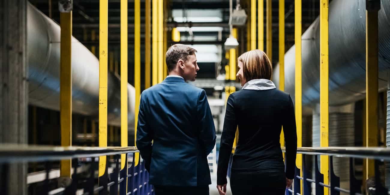 two colleagues walk through an industrial facility